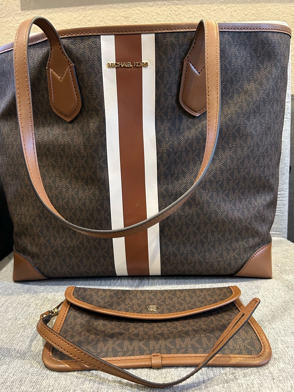 Michael Kors Eva Large  Brown and White Signature Stripe Tote with Wristlet